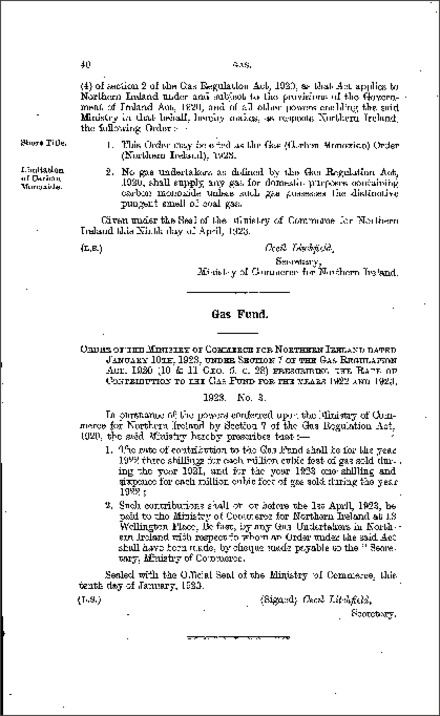The Gas Fund Order (Northern Ireland) 1923