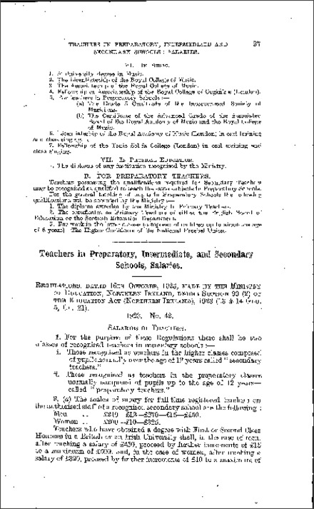 The Teachers in Preparatory, Intermediate and Secondary Schools, Salaries Regulations (Northern Ireland) 1923