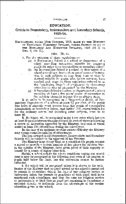 The Grants to Preparatory, Intermediate and Secondary Schools 1923/24 Regulations (Northern Ireland) 1923