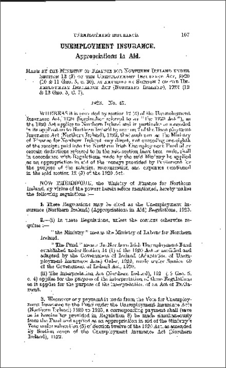 The Unemployment Insurance (Northern Ireland) (Appropriations in Aid) Regulations (Northern Ireland) 1923