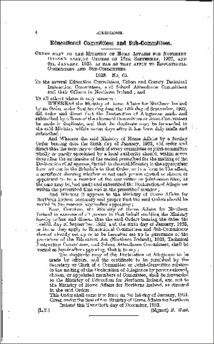 The Allegiance (Educational Committees) Order (Northern Ireland) 1923