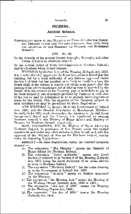 The Housing (Assisted Scheme) Regulations (Northern Ireland) 1923