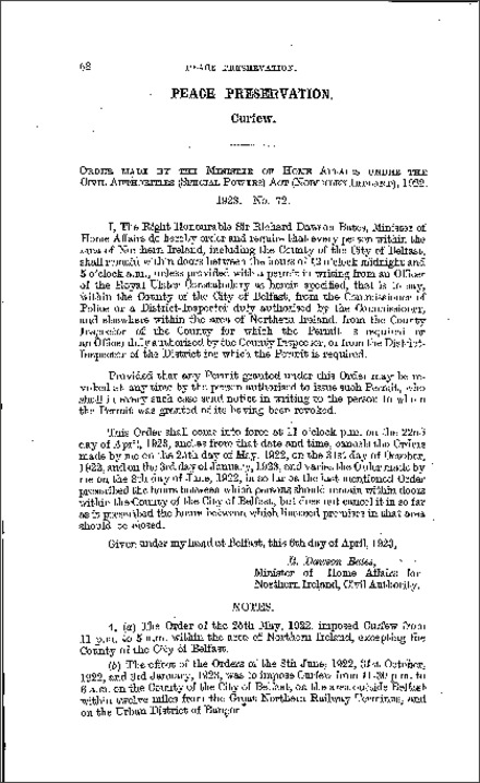 The Peace Preservation, Curfew Order (Northern Ireland) 1923