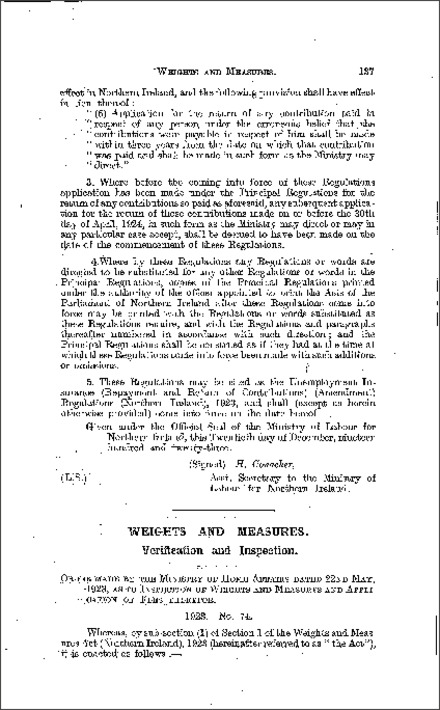 The Weights and Measures (Verification and Inspection) Order (Northern Ireland) 1923
