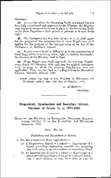 The Grants to Preparatory, Intermediate and Secondary Schools Regulations (Northern Ireland) 1924