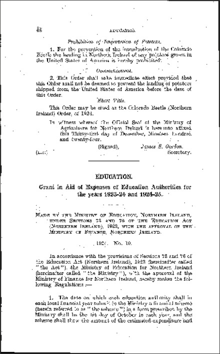 The Education (Grant in Aid of Expenses) Regulations (Northern Ireland) 1924