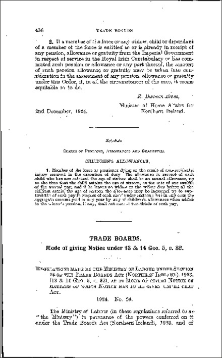 The Trade Boards: Notice under Trade Boards Act Regulations (Northern Ireland) 1924