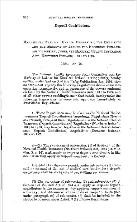 The National Health Insurance (Deposit Contributors) Amendment Regulations (Northern Ireland) 1924