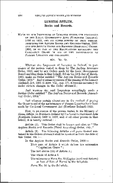 The Asylum Books and Records (Third Amendment) Order (Northern Ireland) 1924