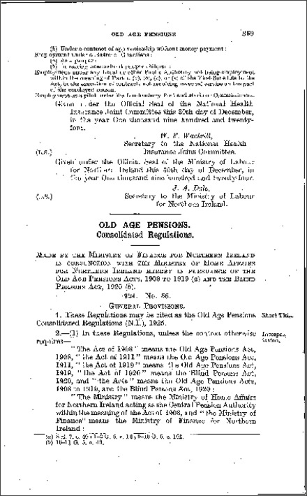 The Old Age Pensions Consolidated Regulations (Northern Ireland) 1924