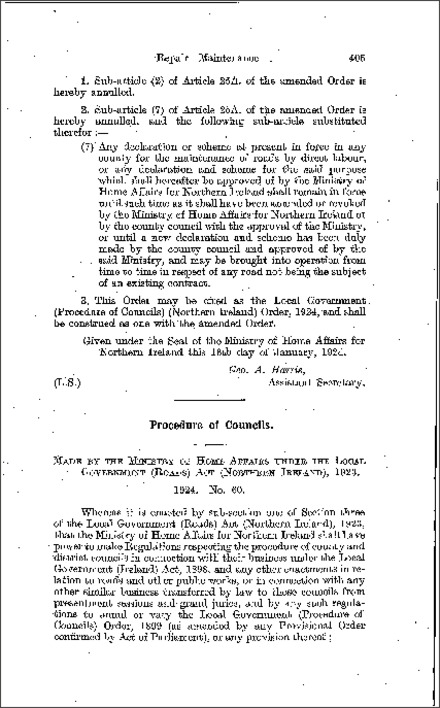 The Local Government (Procedure of Councils) No. 2 Order (Northern Ireland) 1924