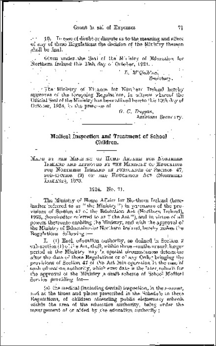 The Education (Medical Inspection and Treatment of Children) Regulations (Northern Ireland) 1924