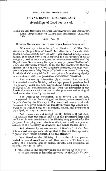 The Constabulary (Acquisition of Land) Order (Northern Ireland) 1924
