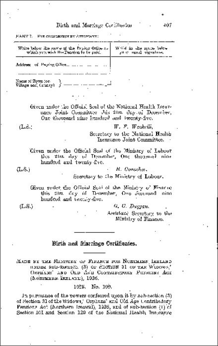 The Contributory Pensions (Requisition for Birth and Marriage Certificates) Regulations (Northern Ireland) 1925
