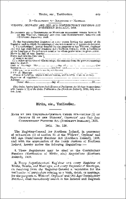 The Contributory Pensions (Verification of Births, etc.) Regulations (Northern Ireland) 1925