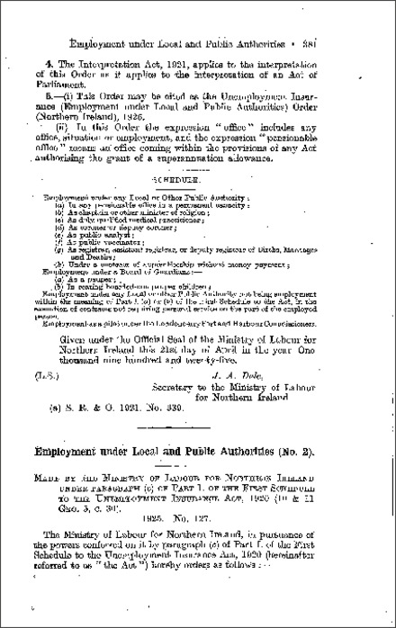 The Unemployment Insurance (Employment under Local and Public Authorities) Order (No. 2) (Northern Ireland) 1925
