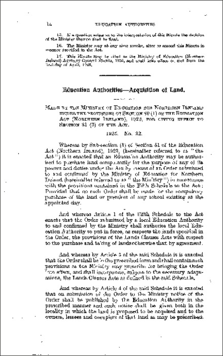 The Education Authorities (Acquisition of Land) Order (Northern Ireland) 1925