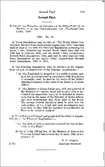 The Royal Ulster Constabulary Reward Fund Amendment Regulations (Northern Ireland) 1925