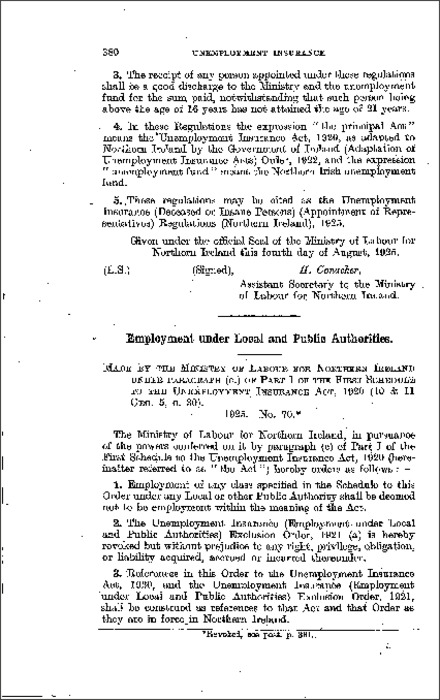 The Unemployment Insurance (Employment under Local and Public Authorities) Order (Northern Ireland) 1925