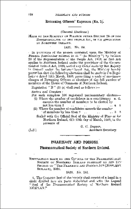 The Parliamentary Elections, Returning Officers' Expenses (No. 2) Order (Northern Ireland) 1925