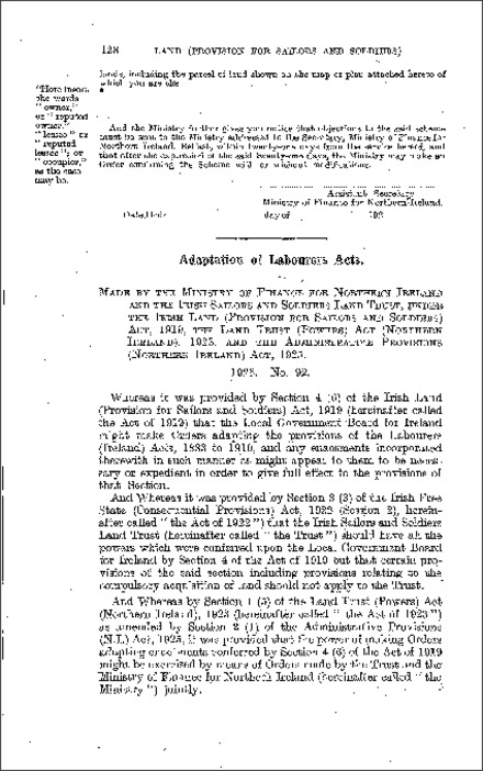 The Land Trust (Adaptation of Labourers Acts) Joint Order (Northern Ireland) 1925