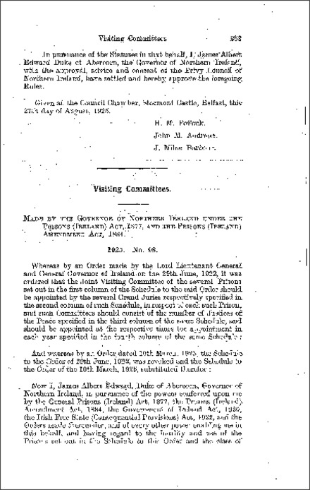 The Prisons (Visiting Committees) Order (Northern Ireland) 1925