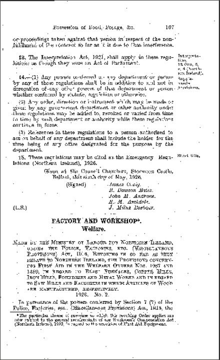 The Factory and Workshop, Welfare Order (Northern Ireland) 1926