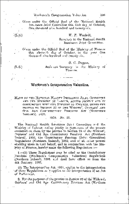 The Contributory Pensions (Workmen's Compensation Valuation) Regulations (Northern Ireland) 1926