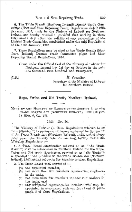 The Trade Board (Rope, Twine and Net) Regulations (Northern Ireland) 1926