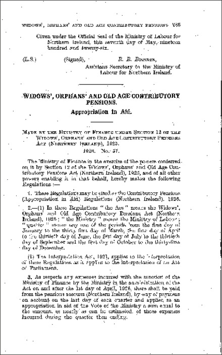 The Contributory Pensions (Appropriation in Aid) Regulations (Northern Ireland) 1926