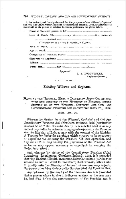 The Contributory Pensions (Existing Widows and Orphans) Order (Northern Ireland) 1926