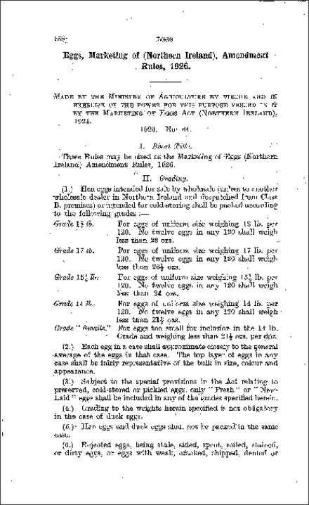 The Marketing of Eggs. Amendment Rules (Northern Ireland) 1926