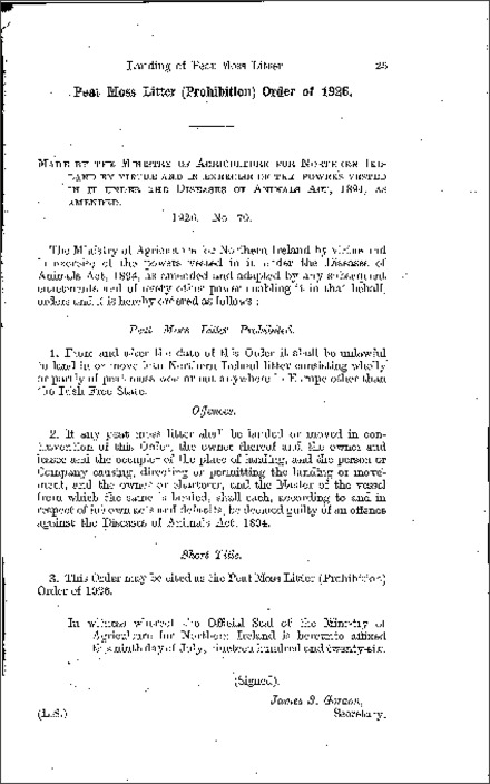 The Peat Moss Litter (Prohibition) Order (Northern Ireland) 1926