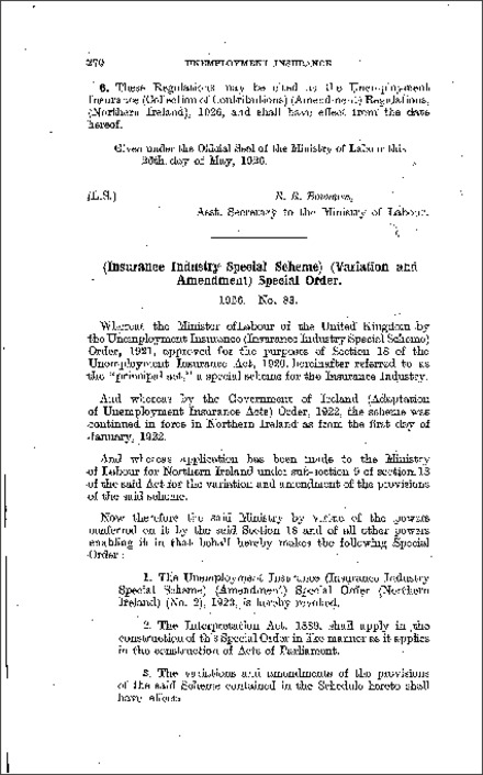 The Unemployment Insurance (Insurance Industry Special Scheme) (Variation and Amendment) Special Order (Northern Ireland) 1926