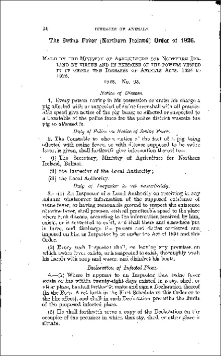 The Swine Fever Order (Northern Ireland) 1926