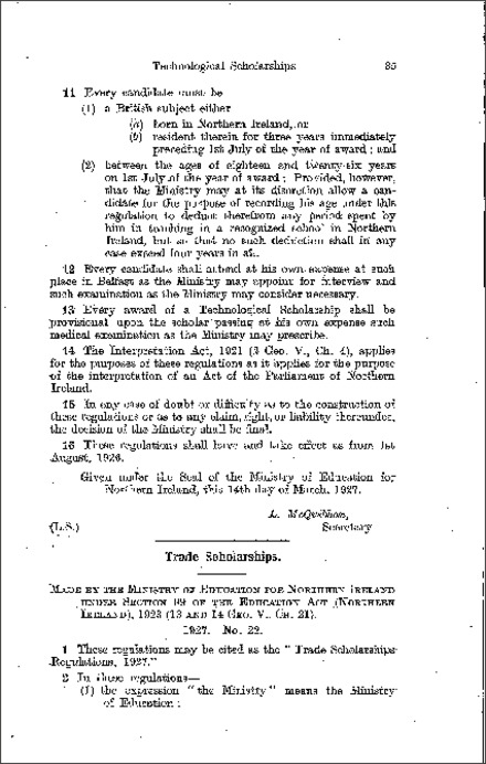 The Trade Scholarships Regulations (Northern Ireland) 1927