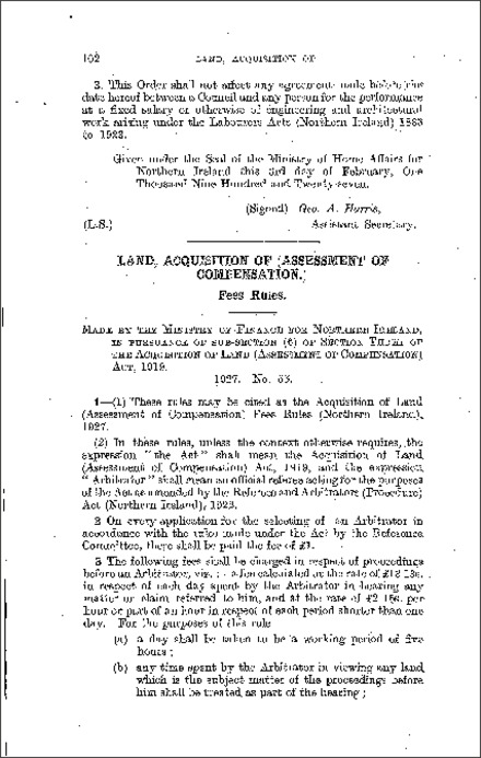 The Acquisition of Land (Assessment of Compensation) Fees Rules (Northern Ireland) 1927