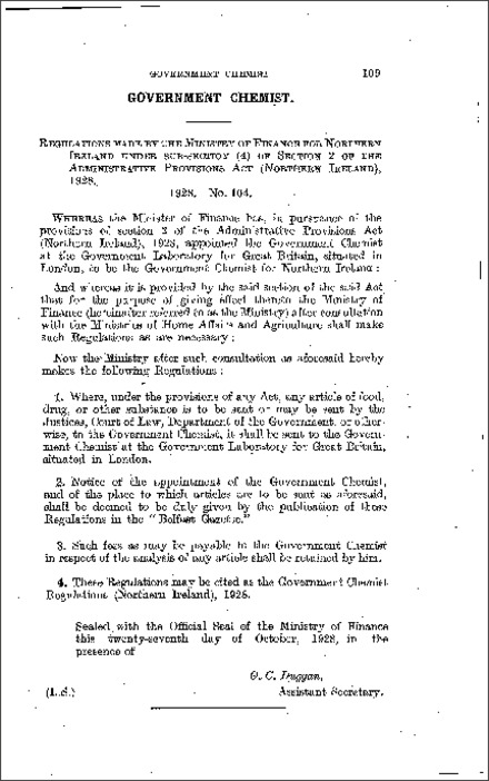 The Government Chemist Regulations (Northern Ireland) 1928