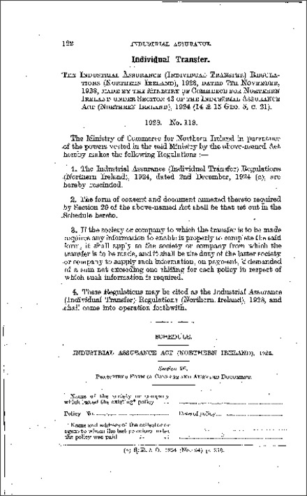 The Industrial Assurance (Individual Transfer) Regulations (Northern Ireland) 1928