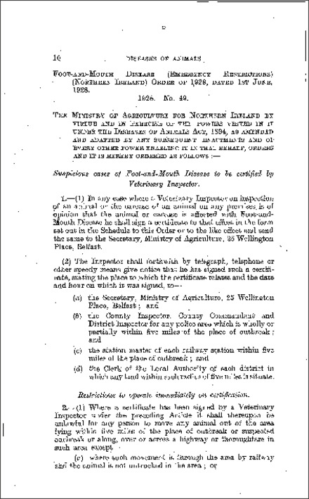 The Foot-and-Mouth Disease (Emergency Restrictions) Order (Northern Ireland) 1928