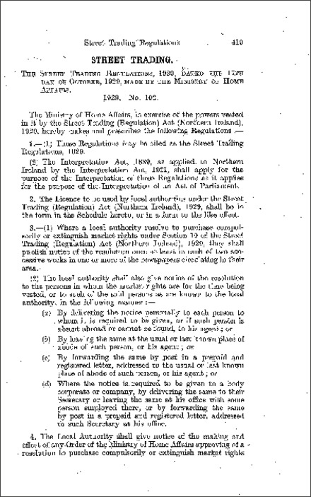 The Street Trading Regulations (Northern Ireland) 1929