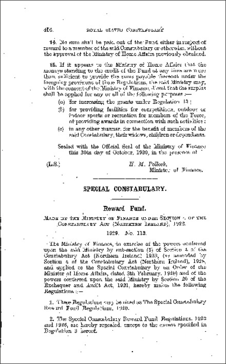 The Special Constabulary Reward Fund Regulations (Northern Ireland) 1929