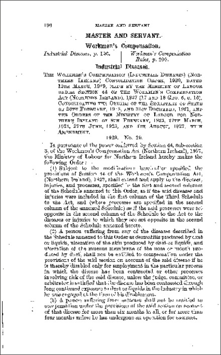 The Workmen's Compensation (Industrial Diseases) Consolidation Order (Northern Ireland) 1929