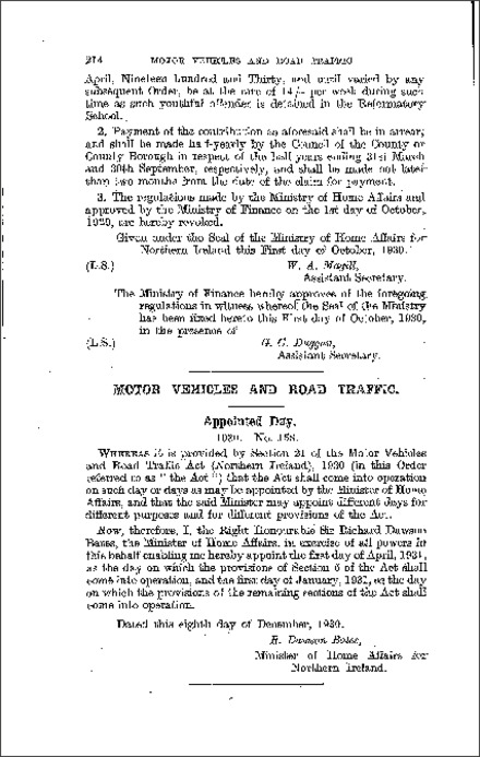 The Motor Vehicles and Road Traffic (Appointed day) Order (Northern Ireland) 1930