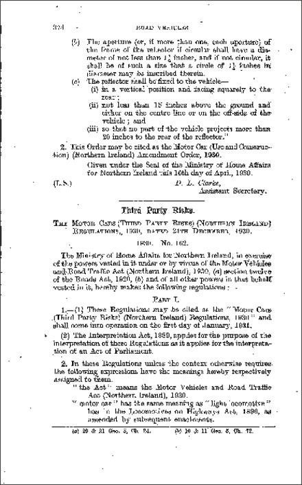 The Motor Cars (Third Party Risks) Regulations (Northern Ireland) 1930