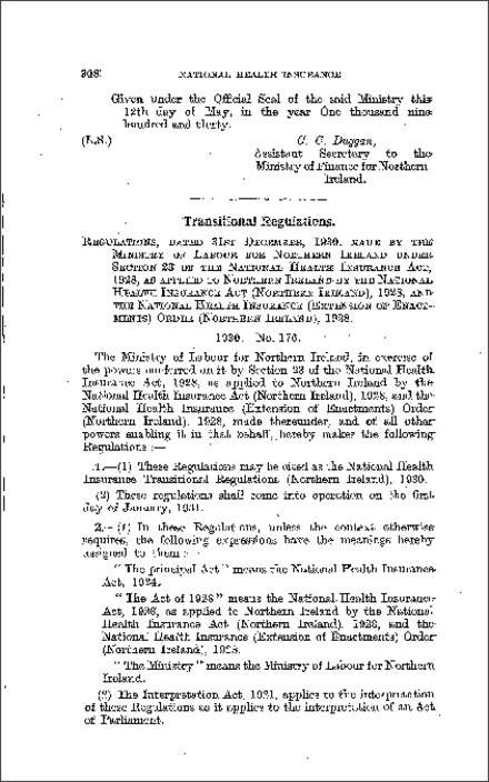 The National Health Insurance Transitional Regulations (Northern Ireland) 1930