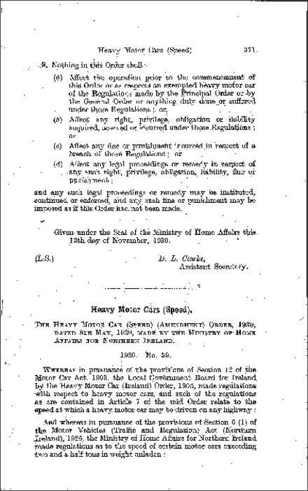 The Heavy Motor Car (Speed) Amendment Order (Northern Ireland) 1930