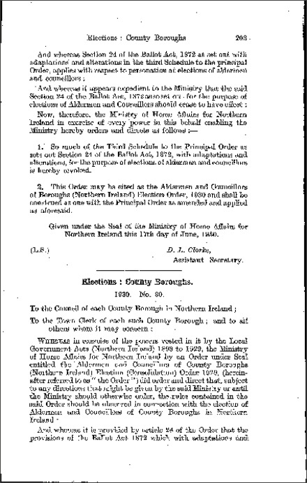 The Aldermen and Councillors of County Boroughs Election Order (Northern Ireland) 1930