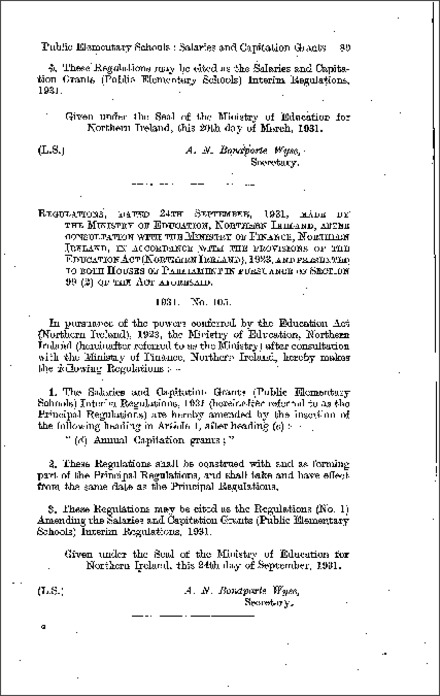 The Salaries and Capitation Grants (Public Elementary Schools) Interim Amendment Regulations (No. 1) (Northern Ireland) 1931