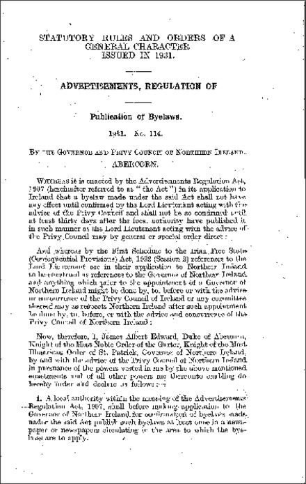 The Advertisements Regulation (Publication of Byelaws) Order (Northern Ireland) 1931